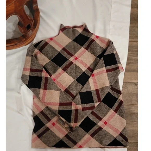 Rachel Zoe Womens XS Plaid Mock Neck Sweater Tan Black Red Long Sleeve Knit Top - Picture 4 of 6